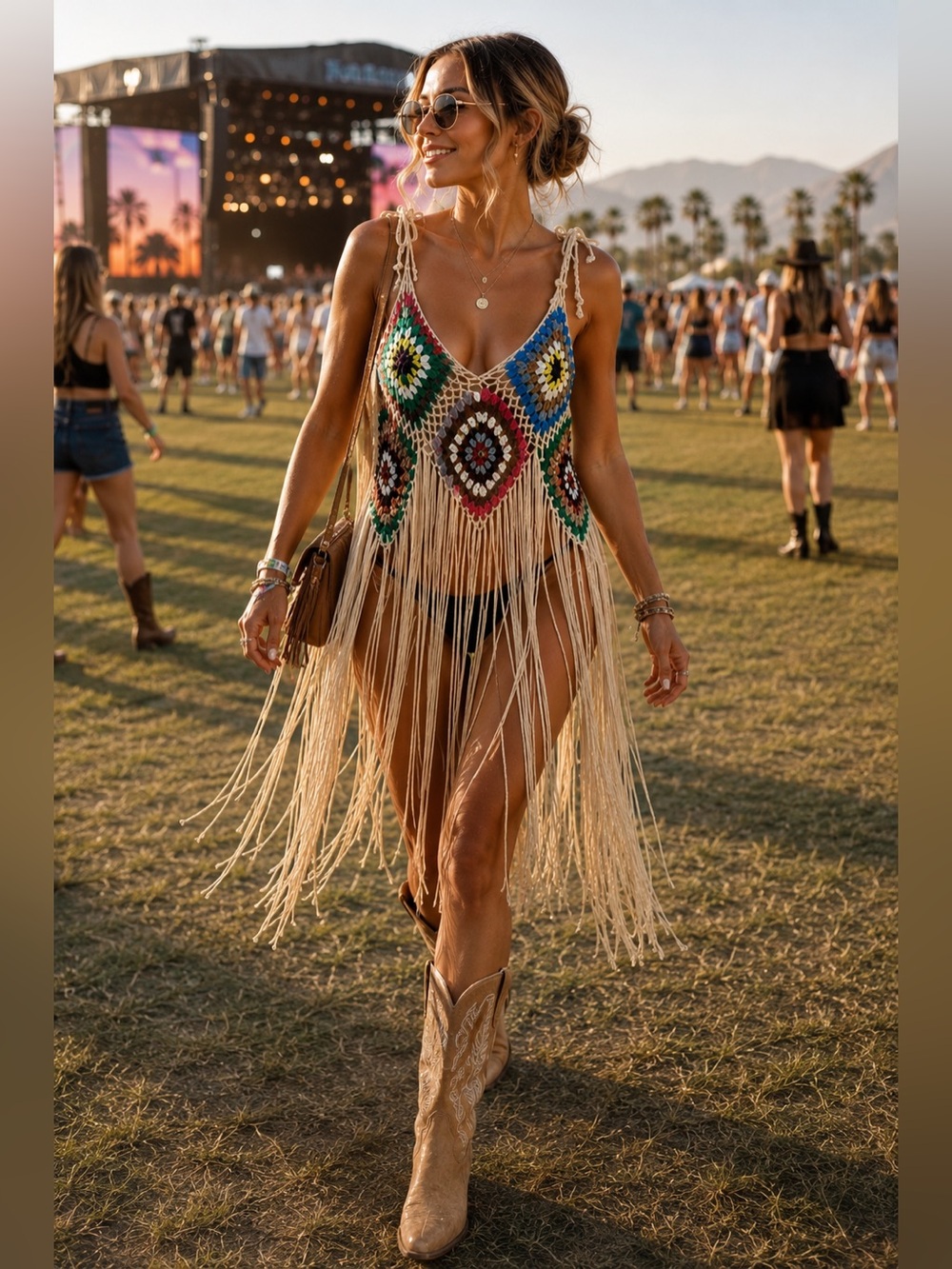 Boho Crochet Fringe Diamond Motif Festival Top /Swimsuit Cover Up One Size NEW